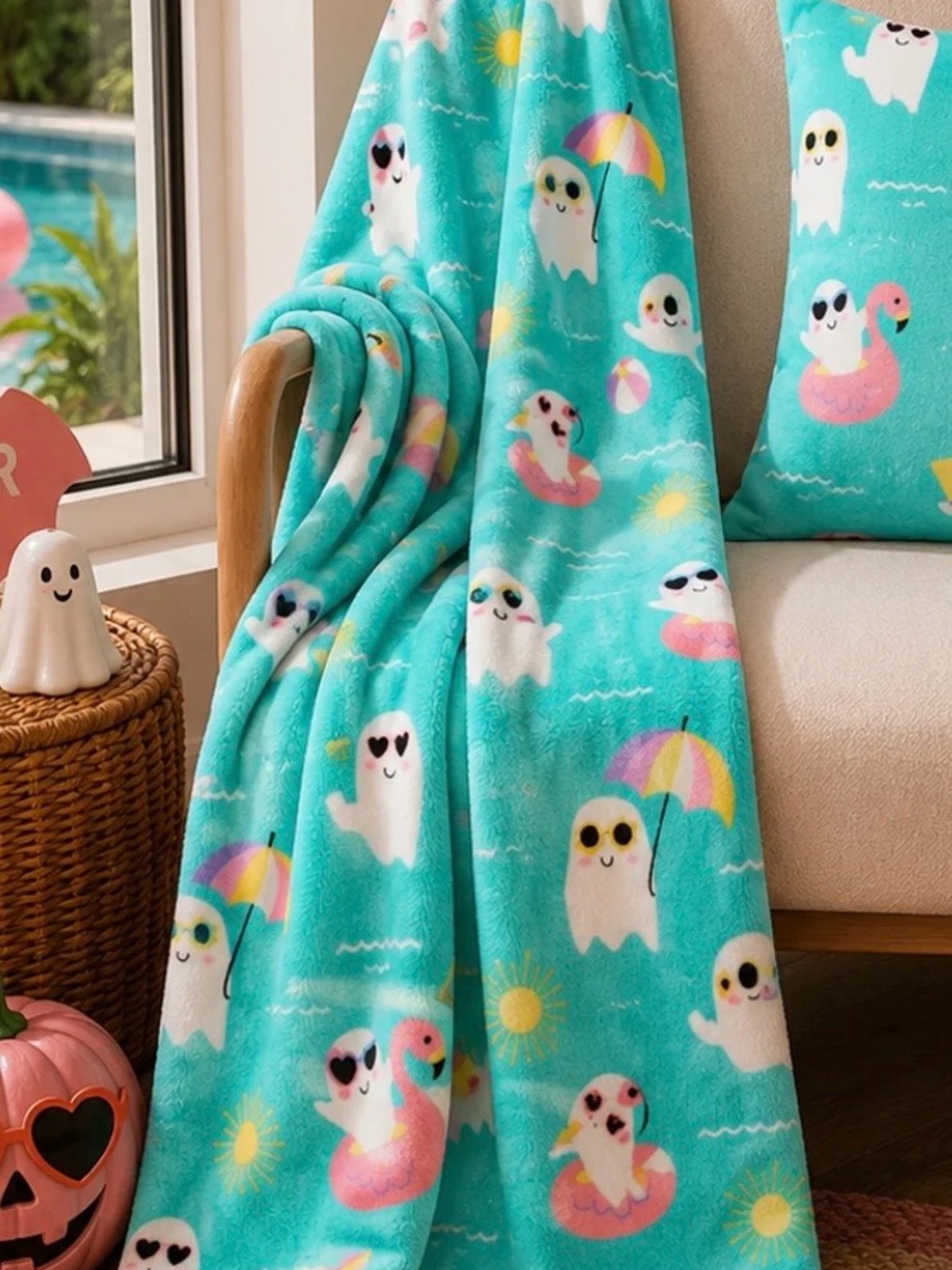 Summerween Turquoise Ghosts Ocean Vibes Sunshine Plush Throw 50x60